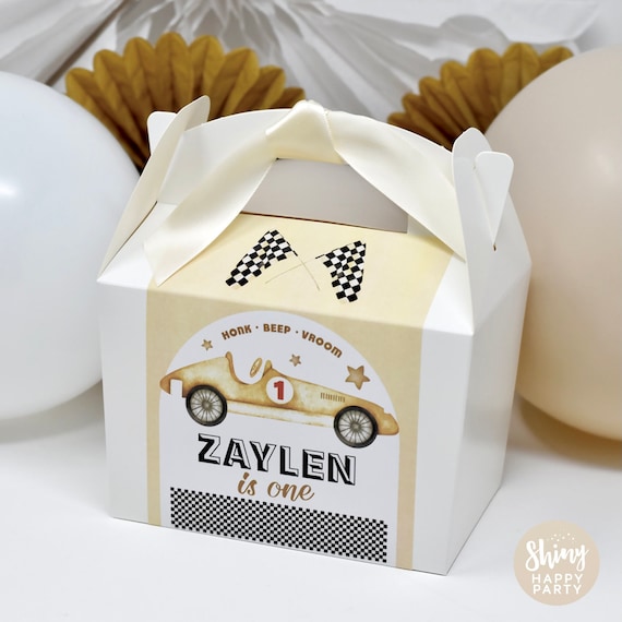 BEIGE VINTAGE CAR Personalised Party Box - Add matching paperie to co-ordinate party decor - Table Settings Gift Bags Birthday Stickers
