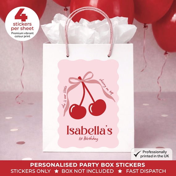 Personalised Cherry First Birthday Party Stickers - Sweet Fruit Labels