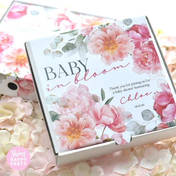 BABY SHOWER Bloom Floral Personalised 7" Party Box Small Pizza Graze Box Sweets Treats Nibbles Gifts Picnic Add Bottle Wrappers match