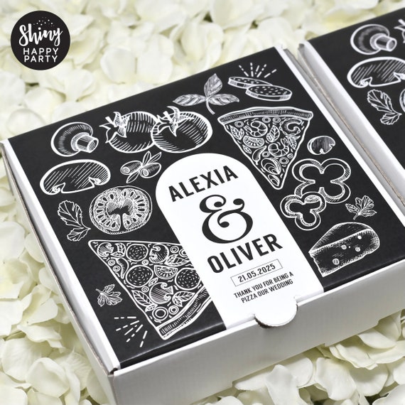 PIZZA FLAVOURS Personalised 7" Black/White Party Box. Small Pizza.Party Graze Box. Sweets, Treats, Gifts. Add Bottle Wrappers to match
