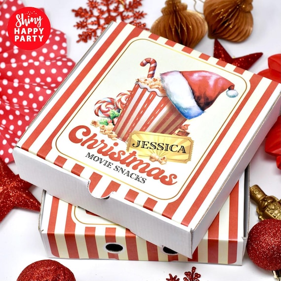 CHRISTMAS MOVIE NIGHT Personalised 7" Pizza Party Box Gifts Graze Food Sweets Treats Snacks Favors. Add Bottle Wrappers to match.