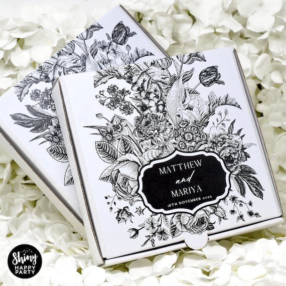 MONO FLORAL PIZZA Wedding Box Personalised 7" Pizza Party Box Gifts Graze Food Sweets Treats Nibbles Favors. Add Bottle Wrappers to match