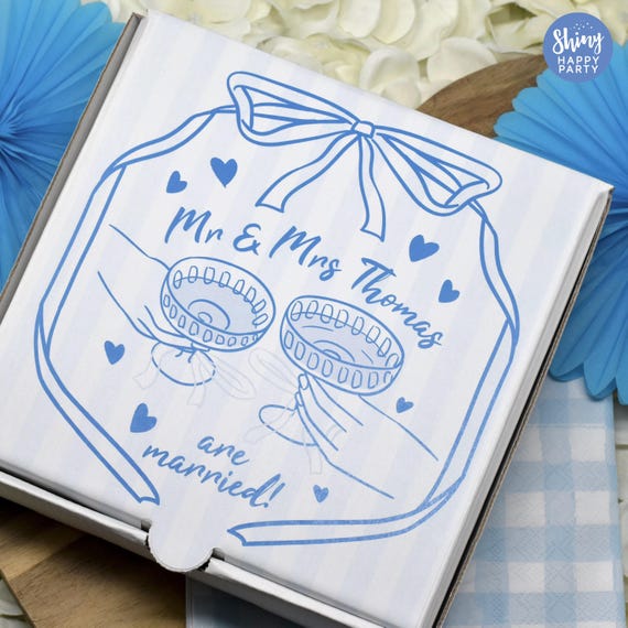WEDDING PIZZA BOX Toast Personalised 7" Black/White Party Box. Small Pizza. Sweets, Nibbles, Gifts, Favors. Add Bottle Wrappers to match