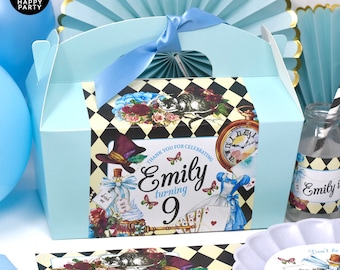 WONDERLAND TEA PARTY Personalised Party Box - Add matching paperie to co-ordinate party decor - Table Settings Gift Bags Birthday Stickers