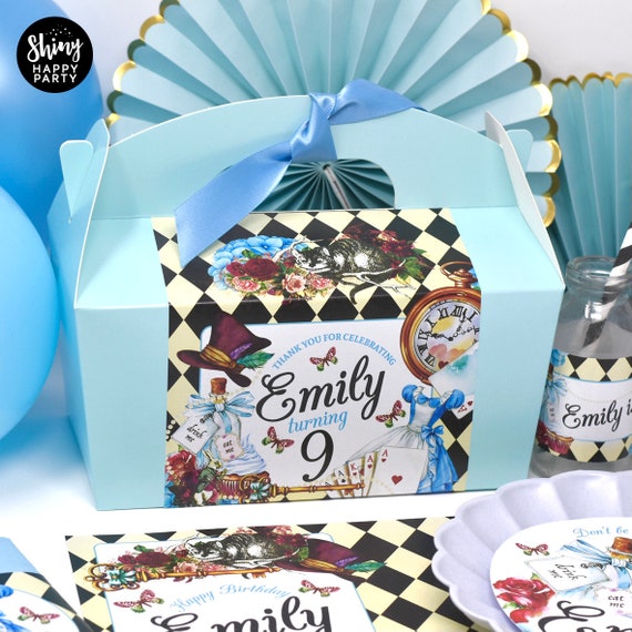 WONDERLAND TEA PARTY Personalised Party Box - Add matching paperie to co-ordinate party decor - Table Settings Gift Bags Birthday Stickers