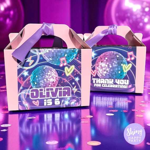 DISCO Purple Pink Party Box & Stationery - Personalised Placemats, Plate Toppers, Bottle Wrappers, Stickers - Kid's Birthday - Gift Snack