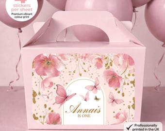 Personalised Pink Butterfly Birthday Party Bag Box Stickers - Floral Labels