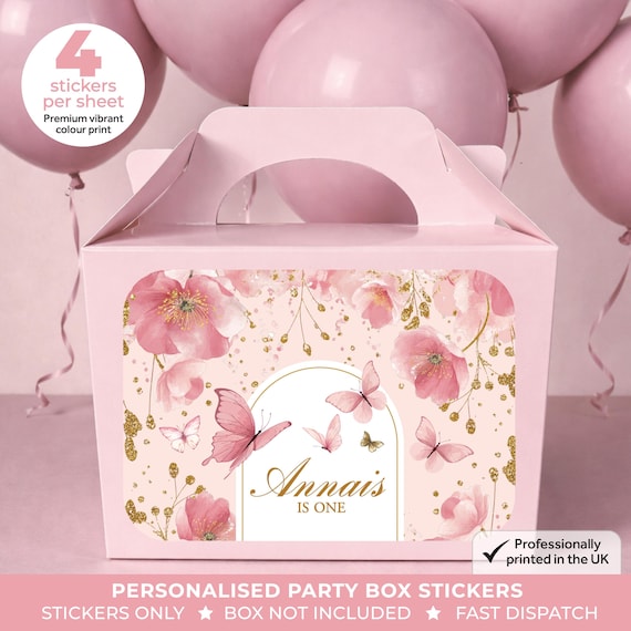 Personalised Pink Butterfly Birthday Party Bag Box Stickers - Floral Labels
