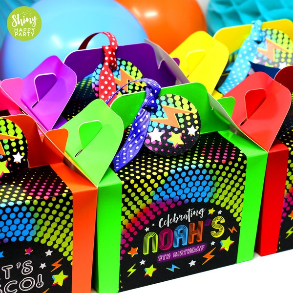 NEON DISCO Personalised Party Box - Add matching paperie to co-ordinate your party decor - Table Settings Gift Bags Birthday Stickers