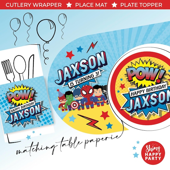 CUTE SUPERHERO Personalised Party Box - Add matching paperie to co-ordinate your party decor - Table Settings Gift Bags Birthday Stickers