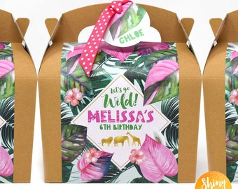 Personalised Kraft JUNGLE ANIMALS Safari King Pink Flower Gold Kraft Box Bag Birthday Party Gift Lunch Food Lion Giraffe Elephant Tiger