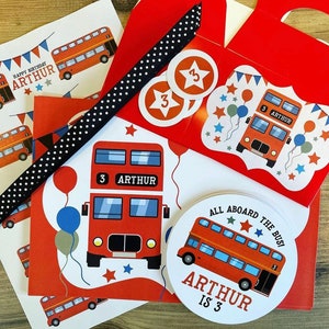 BIG RED BUS Personalised Party Box - Add matching paperie to co-ordinate your party decor - Table Settings Gift Bags Birthday Stickers