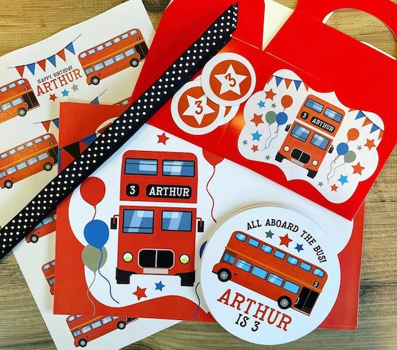BIG RED BUS Personalised Party Box - Add matching paperie to co-ordinate your party decor - Table Settings Gift Bags Birthday Stickers