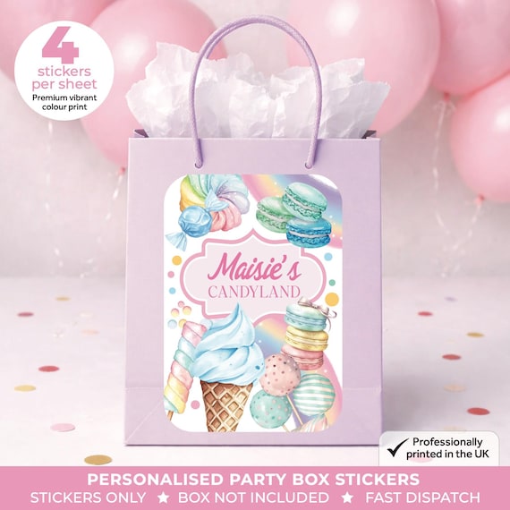 Personalised Candyland Watercolour Birthday Party Stickers - Sweet Labels