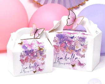 BUTTERFLY GOLD PURPLE Personalised Party Box - Add matching paperie to co-ordinate party decor - Table Settings Gift Bags Birthday Stickers