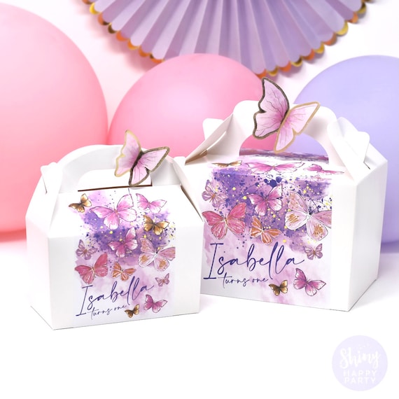 BUTTERFLY GOLD PURPLE Personalised Party Box - Add matching paperie to co-ordinate party decor - Table Settings Gift Bags Birthday Stickers