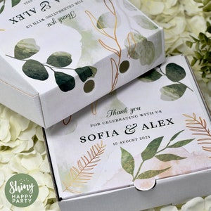 WEDDING PIZZA BOX Personalised 7&quot; Party Box. Small Pizza. Graze Box. Sweets, Treats, Nibbles, Gifts. Add Bottle Wrappers to match.