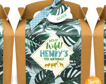 Personalised Kraft JUNGLE ANIMALS Safari King Gold Blue Kraft Box Bag Birthday Party Gift Lunch Activity Food Lion Giraffe Elephant Tiger