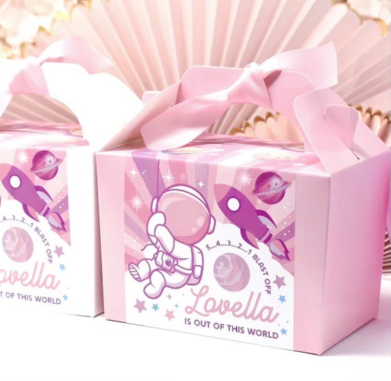 Pink Space Girl Personalised Birthday Party Box - Cute Astronaut Favour - Outer Space Decor Table Settings Gift Bags Birthday Stickers