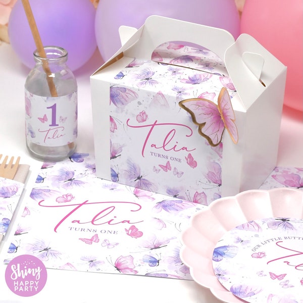 BUTTERFLY PINK LILAC Personalised Party Box - Add matching paperie to co-ordinate party decor - Table Settings Gift Bags Birthday Stickers