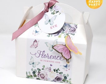 BUTTERFLY Personalised White Lilac Purple Box Flower Petal Party Gift Favor Bag Box Treat Sweet Cake Christening Baptism Shower