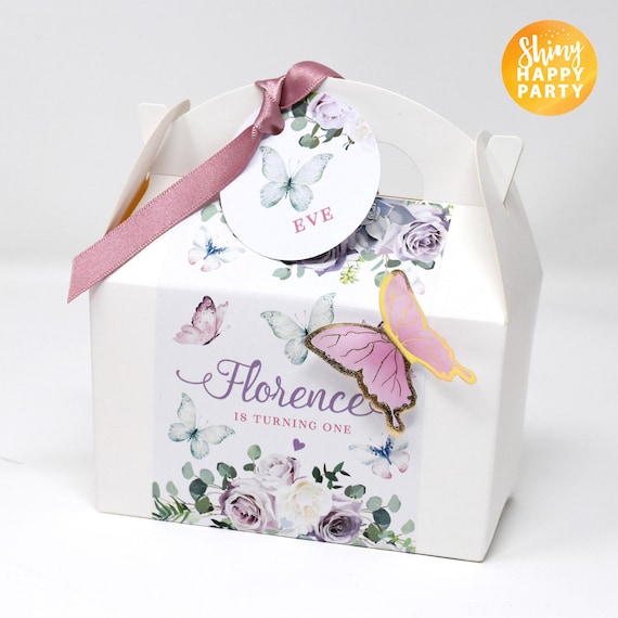 BUTTERFLY FLOWERS Personalised Party Box - Add matching paperie to co-ordinate your party decor - Table Settings Gift Bags Birthday Stickers