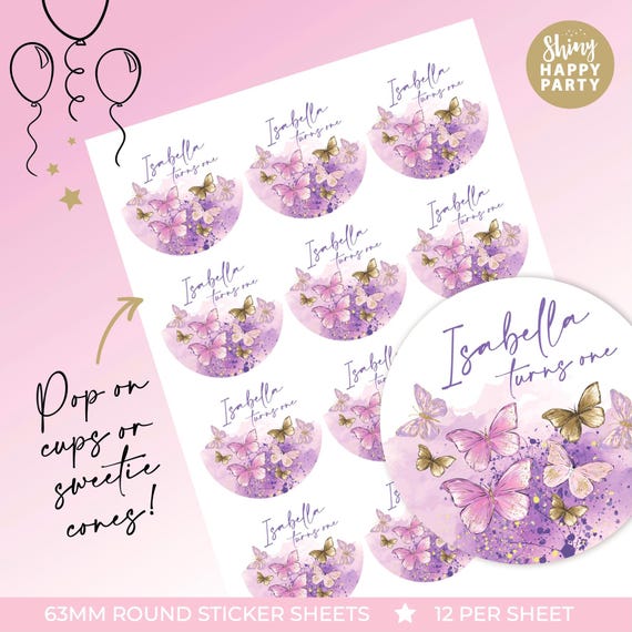 BUTTERFLY GOLD PURPLE Personalised Party Box - Add matching paperie to co-ordinate party decor - Table Settings Gift Bags Birthday Stickers