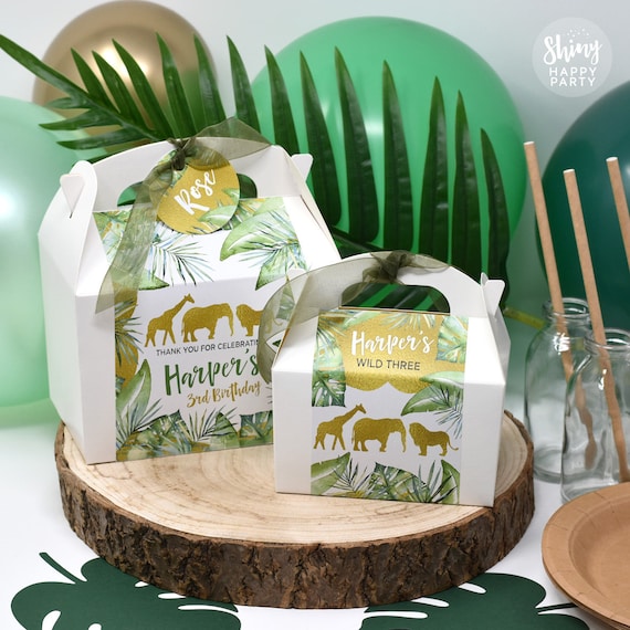 JUNGLE GOLD GREEN Personalised Party Box - Add matching paperie to co-ordinate your party decor - Table Settings Gift Bags Birthday Stickers