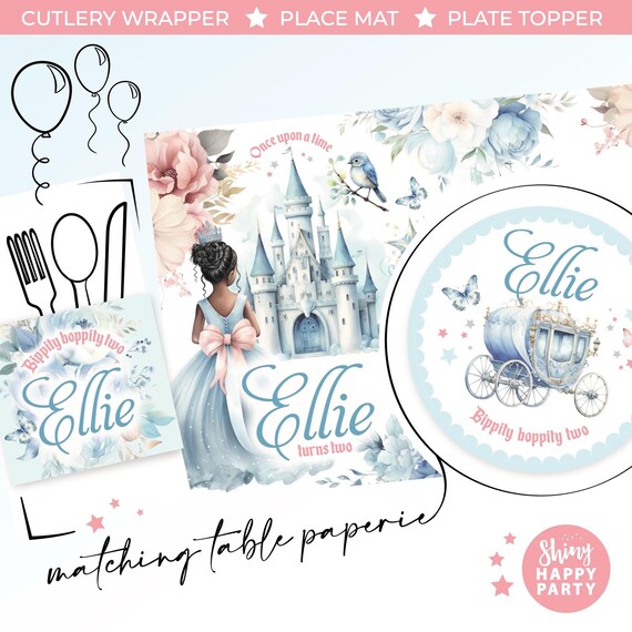 PRINCESS Blue Personalised Party Box - Add matching paperie to co-ordinate your party decor - Table Settings Gift Bags Birthday Stickers