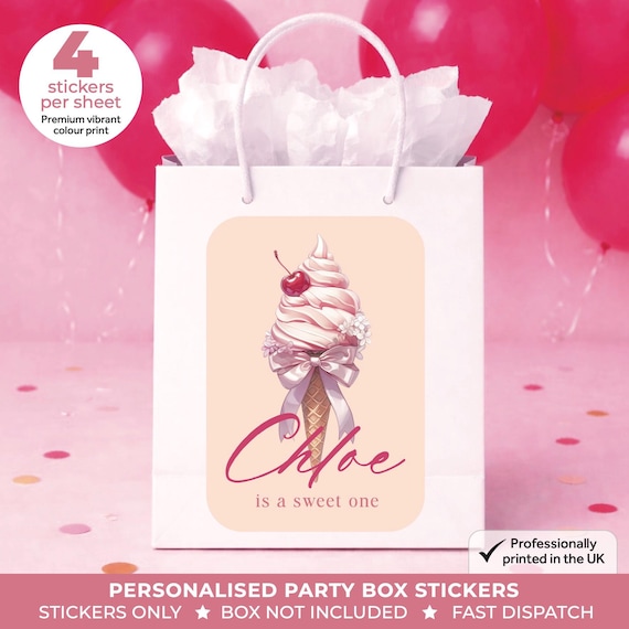 Personalised Pink Cherry Birthday Party Stickers - Sweet Ice Cream Labels