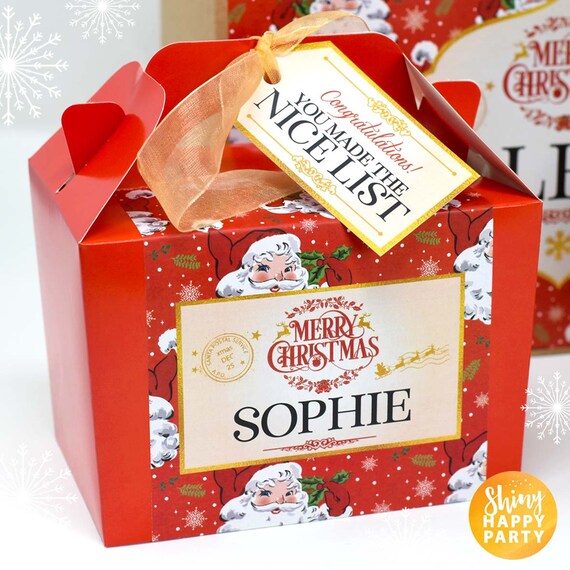 CHRISTMAS VINTAGE SANTA Personalised Party Box, Bottle Wrappers, Cutlery/Napkin Wraps, Place Mats, Plate Toppers, Stickers. Gift boxes