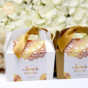 Caixa personalizada de lembrancinhas de casamento em ouro indiano MEHNDI, bolo, doces e caixas de presente. Decoração de mesa e papelaria combinando disponíveis.