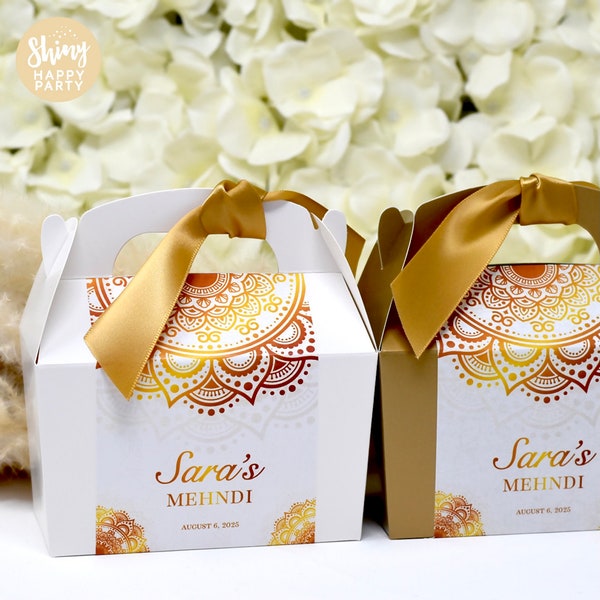 INDIAN GOLD MEHNDI Personalised Wedding Favor Box, Cake, Sweets, Gift Boxes. Matching Table Decor & Paperie available.