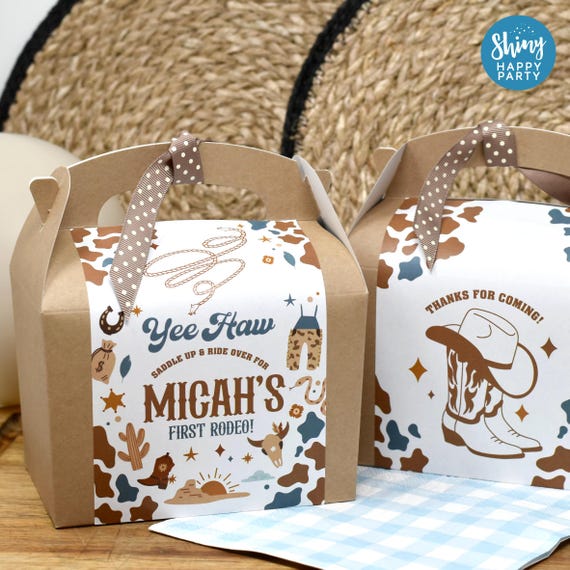 Yeehaw Cowboy! Blue Wild West Rodeo Party Box – Personalised Cow Print Party Decor, Tableware, Stickers & Place Settings