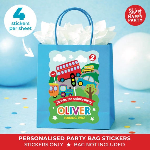 Personalised TRANSPORT Birthday Party Stickers - Cars & Vehicles Labels
