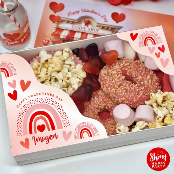 Valentine Hearts GRAZE BOX Personalised Deluxe Party Boxes with Clear lid. Food Tray for you to fill with treats and sweets