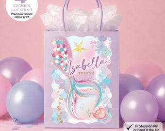 Personalised Pink Purple Mermaid Birthday Party Bag Box Stickers - Under the Sea Labels