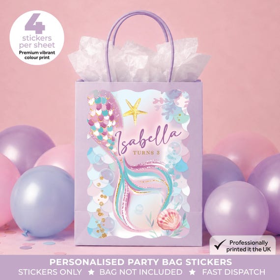 Personalised Pink Purple Mermaid Birthday Party Bag Box Stickers - Under the Sea Labels