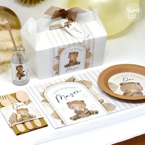 BROWN BEAR Brown Stripe Personalised Party Box - Add matching paperie to coordinate party decor - Table Settings Gift Bags Birthday Stickers