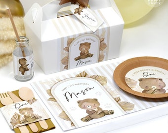 BROWN BEAR Personalised Party Table Items: Boxes, Plate Toppers, Bottle Wraps, A4 Placemats, Cutlery/Napkin Wraps, Stickers & Signs
