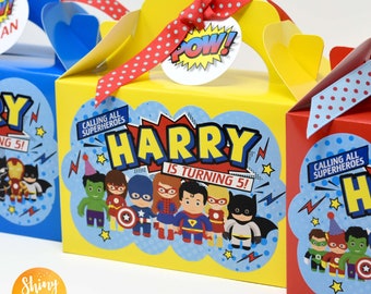 CUTE SUPERHERO Personalised Party Box - Add matching paperie to co-ordinate your party decor - Table Settings Gift Bags Birthday Stickers