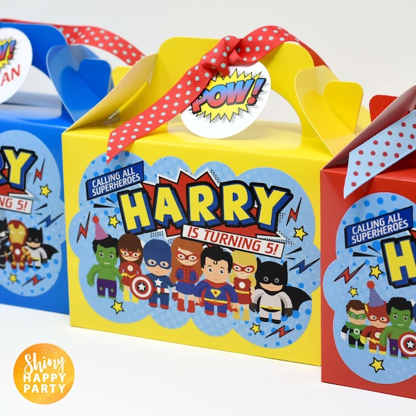 CUTE SUPERHERO Personalised Party Box - Add matching paperie to co-ordinate your party decor - Table Settings Gift Bags Birthday Stickers