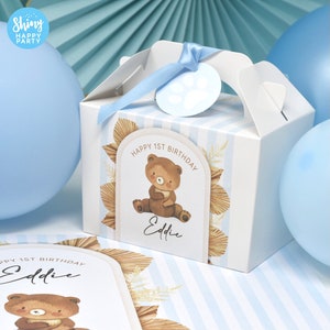 BROWN BEAR Blue Stripe Personalised Party Box - Add matching paperie to co-ordinate party decor - Table Settings Gift Bags Birthday Stickers