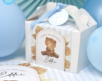 BROWN BEAR Blue Stripe Personalised Party Box - Add matching paperie to co-ordinate party decor - Table Settings Gift Bags Birthday Stickers