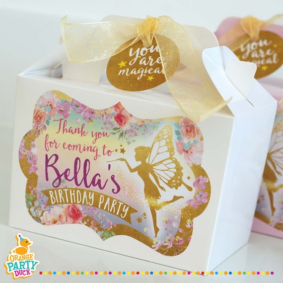 FAIRY GOLD Personalised Party Box - Add matching paperie to co-ordinate your party decor - Table Settings Gift Bags Birthday Stickers