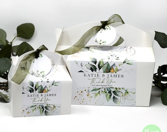 EUCALYPTUS LEAF BRUILOFT Gepersonaliseerde gunstdoos, cake, snoep, activiteit, geschenkdozen. Bijpassende tafeldecoratie en paperie verkrijgbaar.