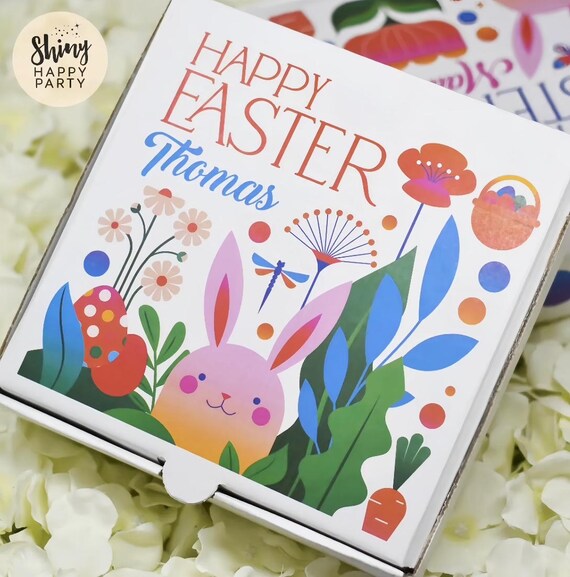 EASTER PIZZA BOX Personalised 7" Party Box. Small Pizza. Graze Box. Sweets, Treats, Nibbles, Gifts. Add Bottle Wrappers to match.