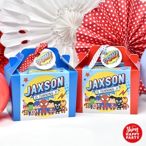 CUTE SUPERHERO Personalised Party Box - Add matching paperie to co-ordinate your party decor - Table Settings Gift Bags Birthday Stickers