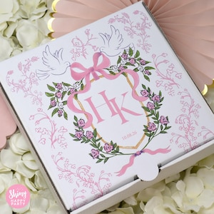 WEDDING PIZZA BOX Monogram Crest Personalised 7&quot; Black/White Party Box Small Pizza Sweets Nibbles Gifts, Favors Add Bottle Wrappers to match