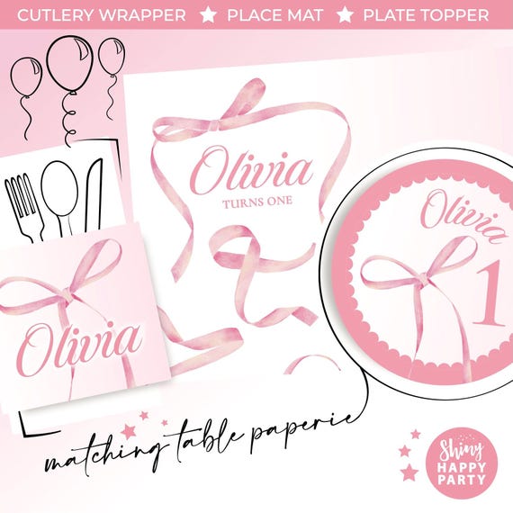 PINK BOWS Crown Personalised Party Box - Add matching paperie to co-ordinate your party decor - Table Settings Gift Bags Birthday Stickers